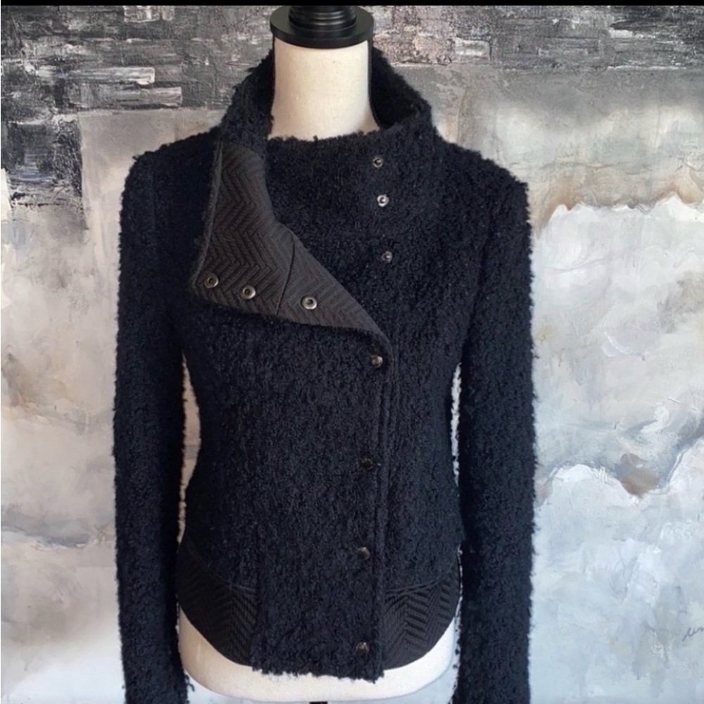 Sz 4 — Banana Republic Black Funnel Neck Wool Blend Boucle Coat Womens $165